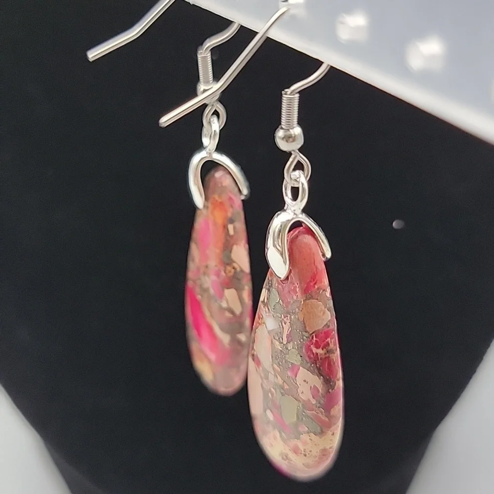 Ruby Orange Sea Sediment Jasper Pyrite Teardrop Pendant Earrings Gemstone - Picture 3 of 5